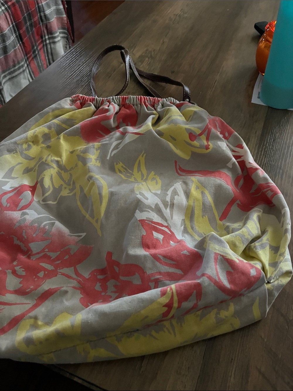 American Eagle Outfitters Floral Drawstring Tote in Coral and Yellow on Beige